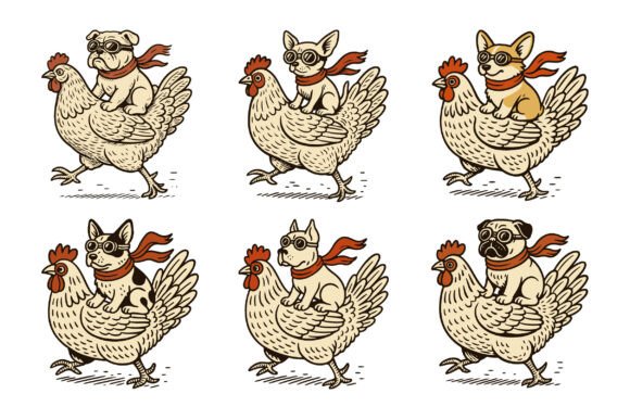 Dogs Pets Riding Chicken Illustration